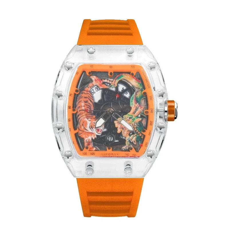 Fashion Tonneau Plastic Case Quartz Watch Men Dragon and Tiger Engraved Dial Luxury Waterproof Sport Watches Men Steel Men Watch