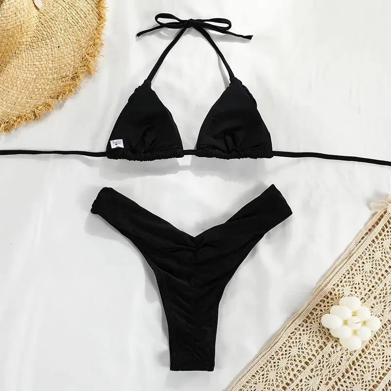 Sexy Bikini Set 2024 New Solid Pleated Bikini Swimwear Push Up Halter Swimsuit White Color Bathing Suits for Women