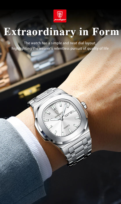 POEDAGAR Classic Square Men Wristwatch Waterproof Luminous Date Week Casual Man Clock Stainless Steel Men's Quartz Watches Reloj