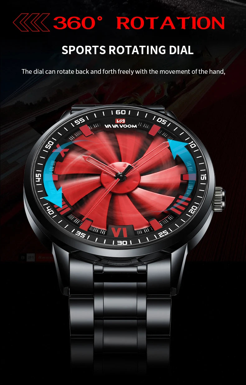 Sports Men Watch 43mm Red Rotating Dial Black Stainless Steel With Quartz Clock Simulation Car Hub 3Bar Daily Waterproof Watches