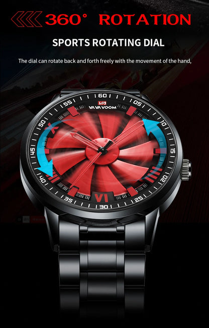 Sports Men Watch 43mm Red Rotating Dial Black Stainless Steel With Quartz Clock Simulation Car Hub 3Bar Daily Waterproof Watches