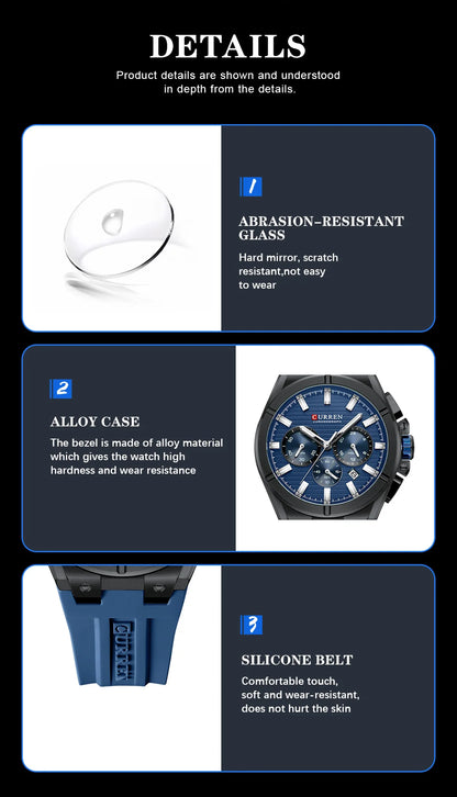 CURREN 8487 Casual Men's Quartz Wristwatch Multifunctional Chronograph Calendar Outdoor Sports Luminous Fashion Watches for Man