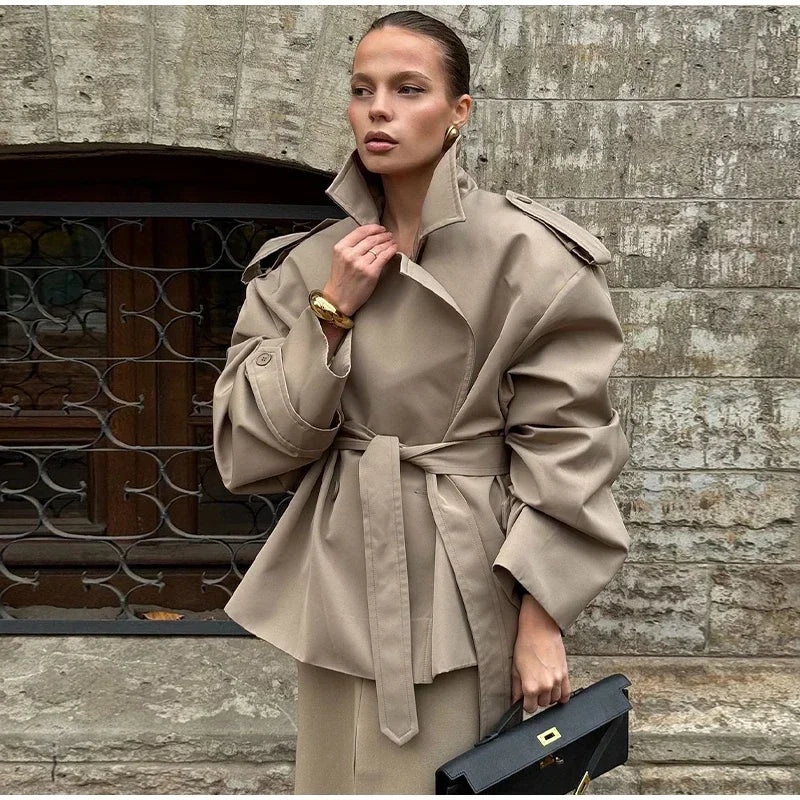 Solid Lapel Belted Windbreaker Chic Full Sleeve Button Loose Long Coat For Women 2025 New Office Lady Daily Commute Overcoats
