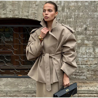 Solid Lapel Belted Windbreaker Chic Full Sleeve Button Loose Long Coat For Women 2025 New Office Lady Daily Commute Overcoats