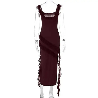 Giyu Sexy Ruffles Summer Dress 2025 Women Clothing Elegant Holiday Club Evening Party Dresses Slash Neck Split Bodycon Long Robe