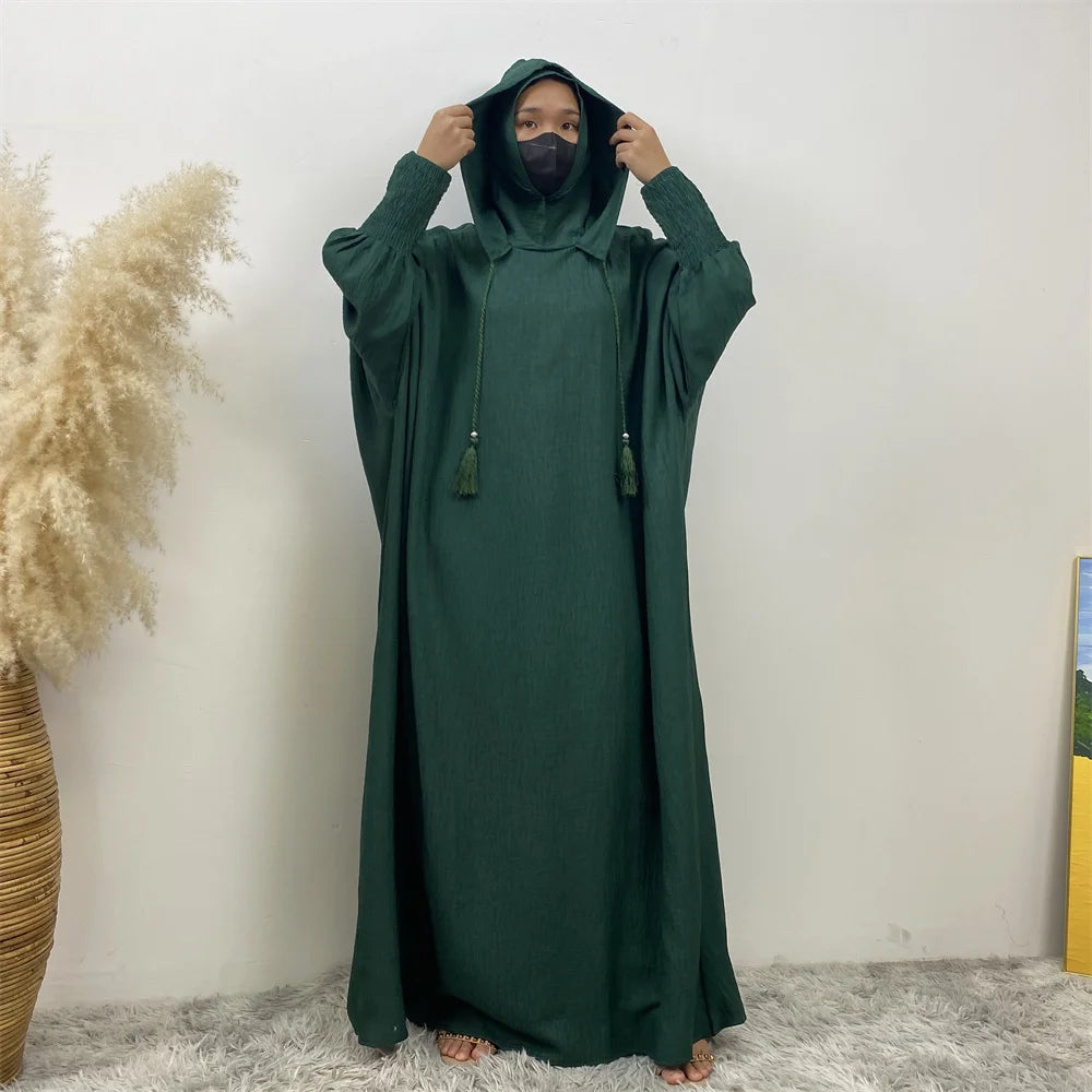 Hot Seller Ramadan Islamic Clothing Wrinkle Polyester Hoodie Abaya Dress With Undercap Muslim Women Abaya Hoodie Causal Dresses
