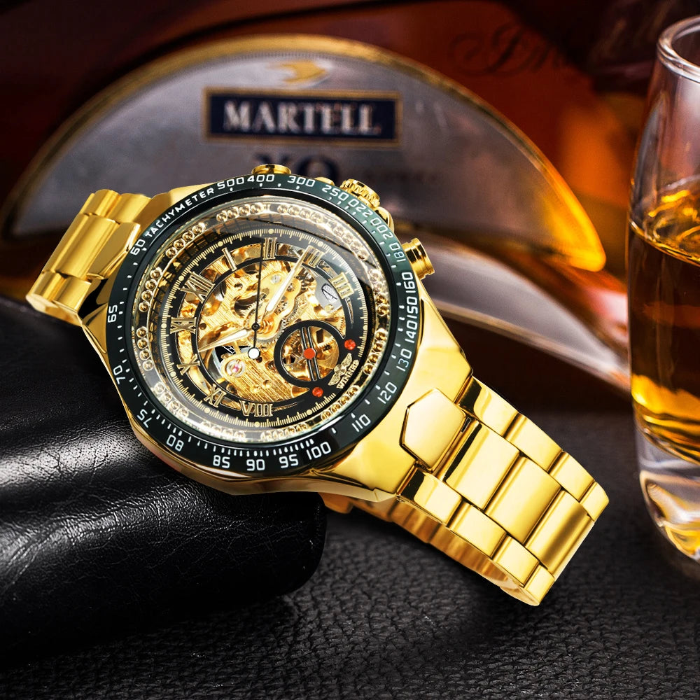 WINNER Gold Transparent Skeleton Automatic Watch for Men Luminous Pointers Luxury Brand Stainless Steel Strap Mechanical Watches