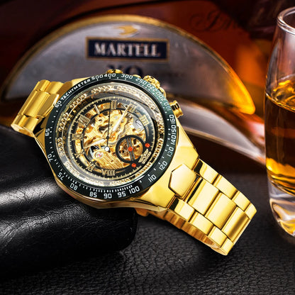 WINNER Gold Transparent Skeleton Automatic Watch for Men Luminous Pointers Luxury Brand Stainless Steel Strap Mechanical Watches