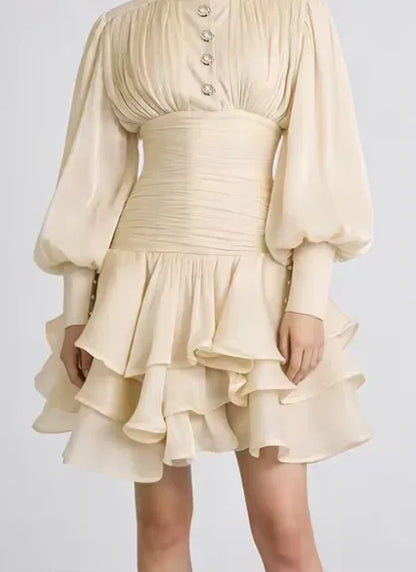 Women Elegant High Collar Ruffled Mini Dress Chic Long Puff Sleeves Waist Cinching A-line Dresses 2026 Lady Evening Dinner Gowns