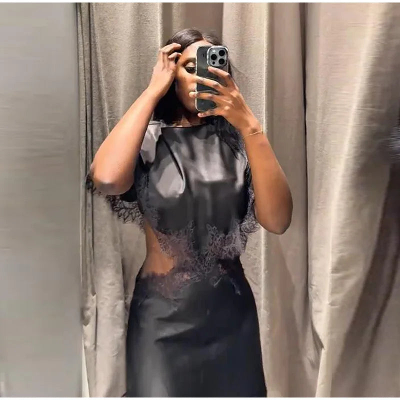 Sexy Lace Patchwork Waist Revealing Dress Women Fashion O-neck Short Sleeve High Waist Slim Dresses Female New Chic Casual Robe