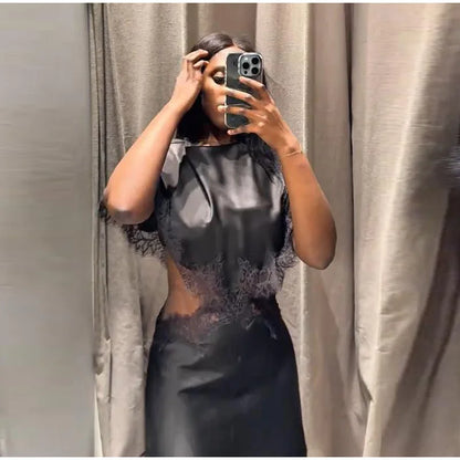 Sexy Lace Patchwork Waist Revealing Dress Women Fashion O-neck Short Sleeve High Waist Slim Dresses Female New Chic Casual Robe