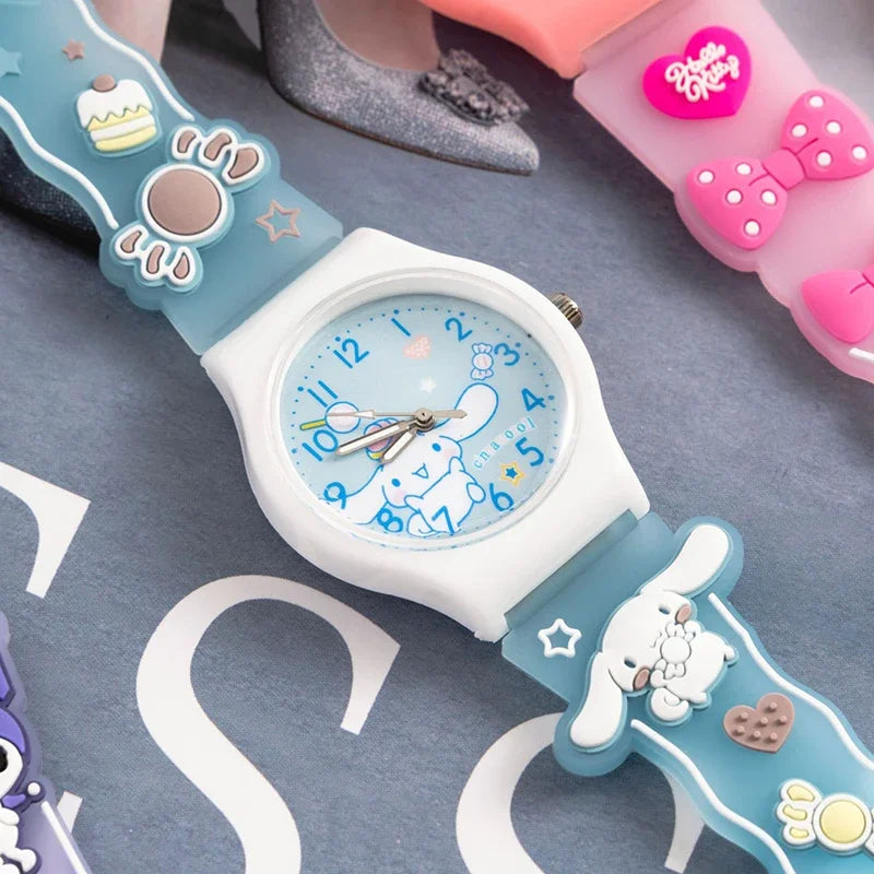 Sanrio 3D Pattern Children's Watch Cinnamoro Hello Kitty Waterproof Quartz Watch Kuromi Cartoon Silica Gel Watchband Kids