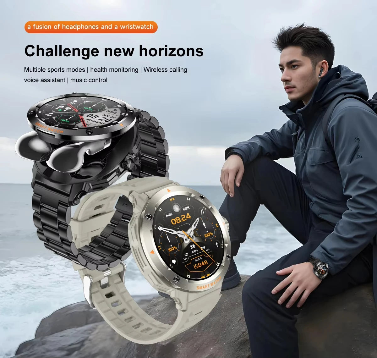 NFC Smart Watch Wireless Earphone 2 in1 Bluetooth Call Men Smart Watches Heart Rate Monitor Music Playing Headphones Smartwatch