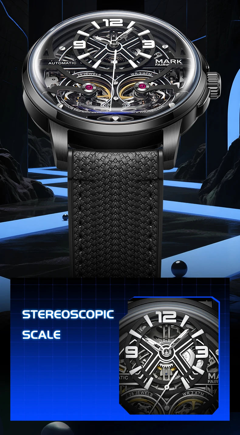 Mark Fairwhale Fashion Watches Mens Silicone Strap Waterproof Automatic Skeleton Mechanical Watch