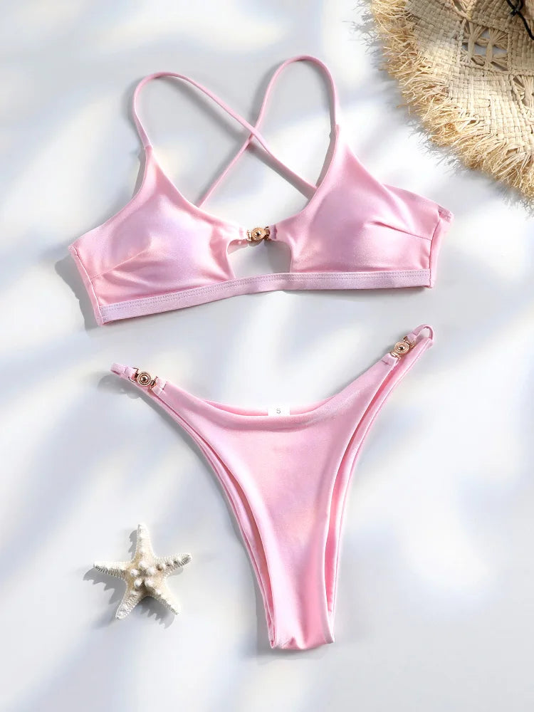 Solid Color Bikinis Set Triangle Swimwear Women 2026 Bandage Swimsuit Patchwork Bathing Suit Beach Biquini Mujer Swimming Wear