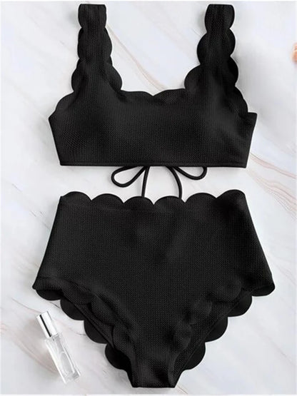 Solid Blue Two Pieces Swimsuit Bathing Suits Bikini Women Scalloped Textured High Waisted Bikini Set Lace Up Bathing Suits XXL