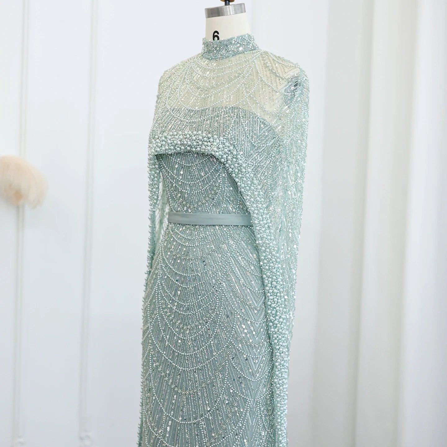 Sharon Said Luxury Pearls Dubai Champagne Evening Dresses with Cape New Arabic Women Mermaid Wedding Party Prom Dress SS369