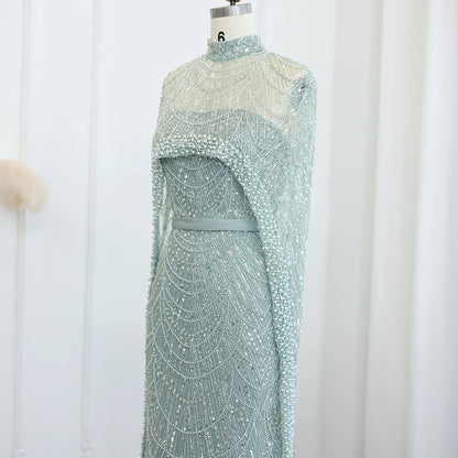 Sharon Said Luxury Pearls Dubai Champagne Evening Dresses with Cape New Arabic Women Mermaid Wedding Party Prom Dress SS369