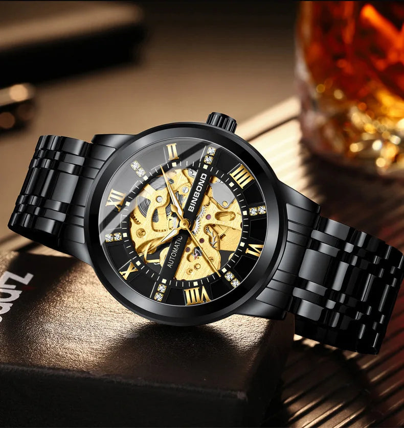 Bindond Mens Automatic Mechanical Watches Top Brand Luxury Stainless Steel Waterproof Hollow Male Wristwatches Relogio Masculino