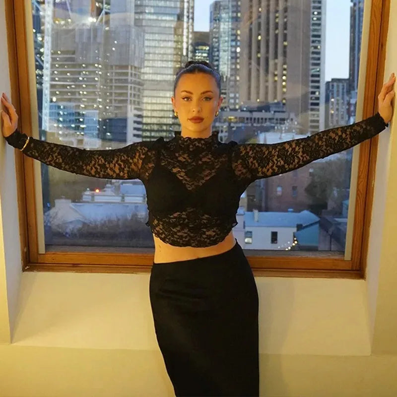Sexy V-Neck Sheer T-Shirts Fashion Women Flare Long Sleeve Spring Lace Slim Pullovers Tops Casual Evening Party Club Chic Tees