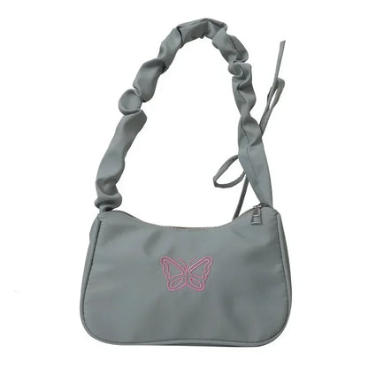 Embroidery Bowknot Butterfly Shoulder Bag Y2k-Style Ruffle Handle Nylon Bow Tote Bag Makeup Lipstick Bag Handbag New