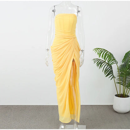 Elegant Yellow Strapless Pleated Dress Women Chic Sleeveless Waist Cinching Split Maxi Gowns Lady Evening Party Dresses 2026 New