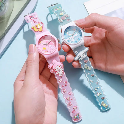 Sanrio 3D Pattern Children's Watch Cinnamoro Hello Kitty Waterproof Quartz Watch Kuromi Cartoon Silica Gel Watchband Kids