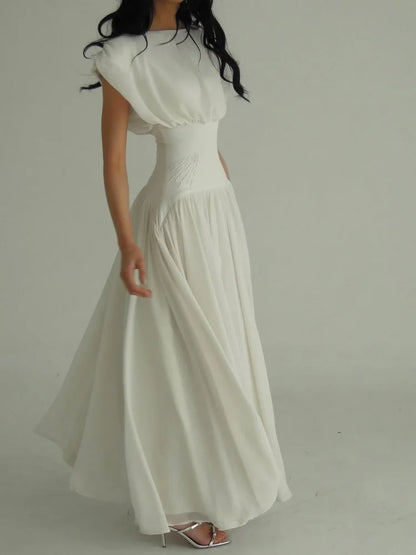 Elegant Sleeveless Girdling Long Dress Women O-neck High Waist Solid A-line Long Big Swing Dresses 2025 Summer Holiday Lady Robe