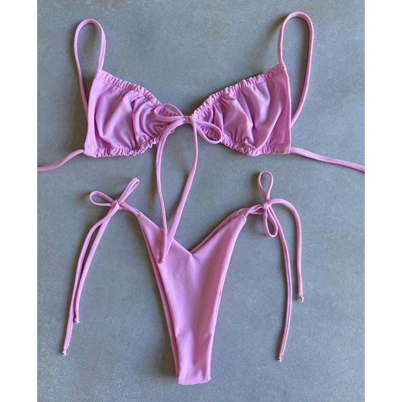 BIQIUYYI Brazilian Sexy Micro Mini Thong Bikini Set Summer Bandage Swimsuit Women Pleated Bathing Suit Beachwear Halter Biqiuni