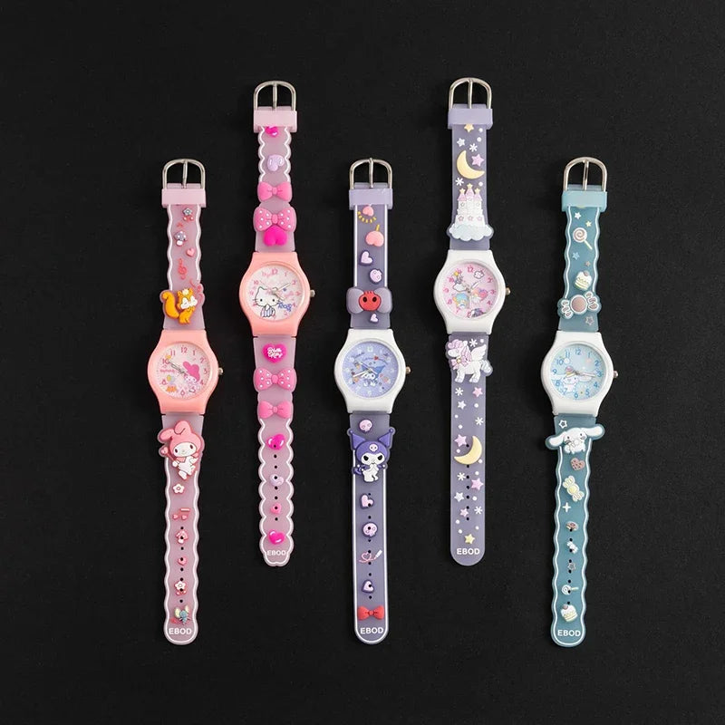 Sanrio 3D Pattern Children's Watch Cinnamoro Hello Kitty Waterproof Quartz Watch Kuromi Cartoon Silica Gel Watchband Kids