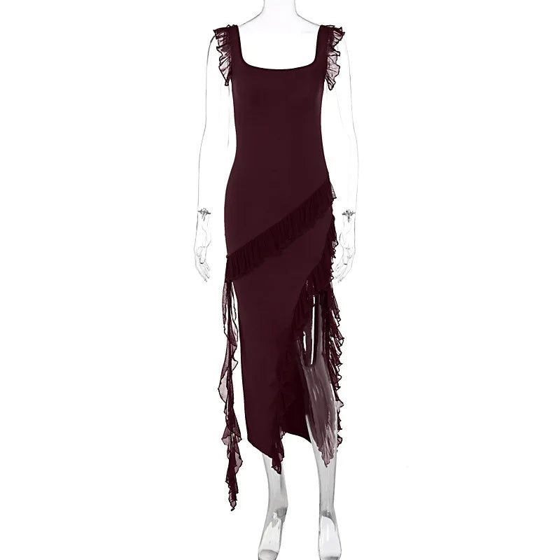 Giyu Sexy Ruffles Summer Dress 2025 Women Clothing Elegant Holiday Club Evening Party Dresses Slash Neck Split Bodycon Long Robe