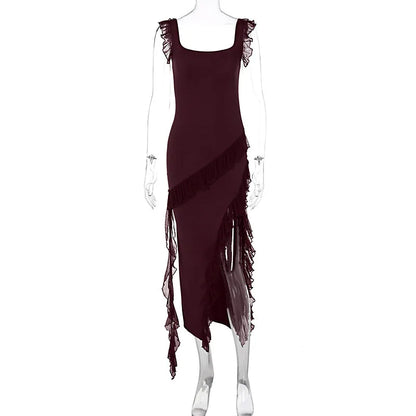 Giyu Sexy Ruffles Summer Dress 2025 Women Clothing Elegant Holiday Club Evening Party Dresses Slash Neck Split Bodycon Long Robe