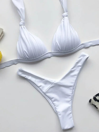 2025 Halter Bra Cup Bikini Sexy Swimsuit Female White Swimwear Women Push up Bikini set Brazilian Bathing Suit Bandeau Swim suit