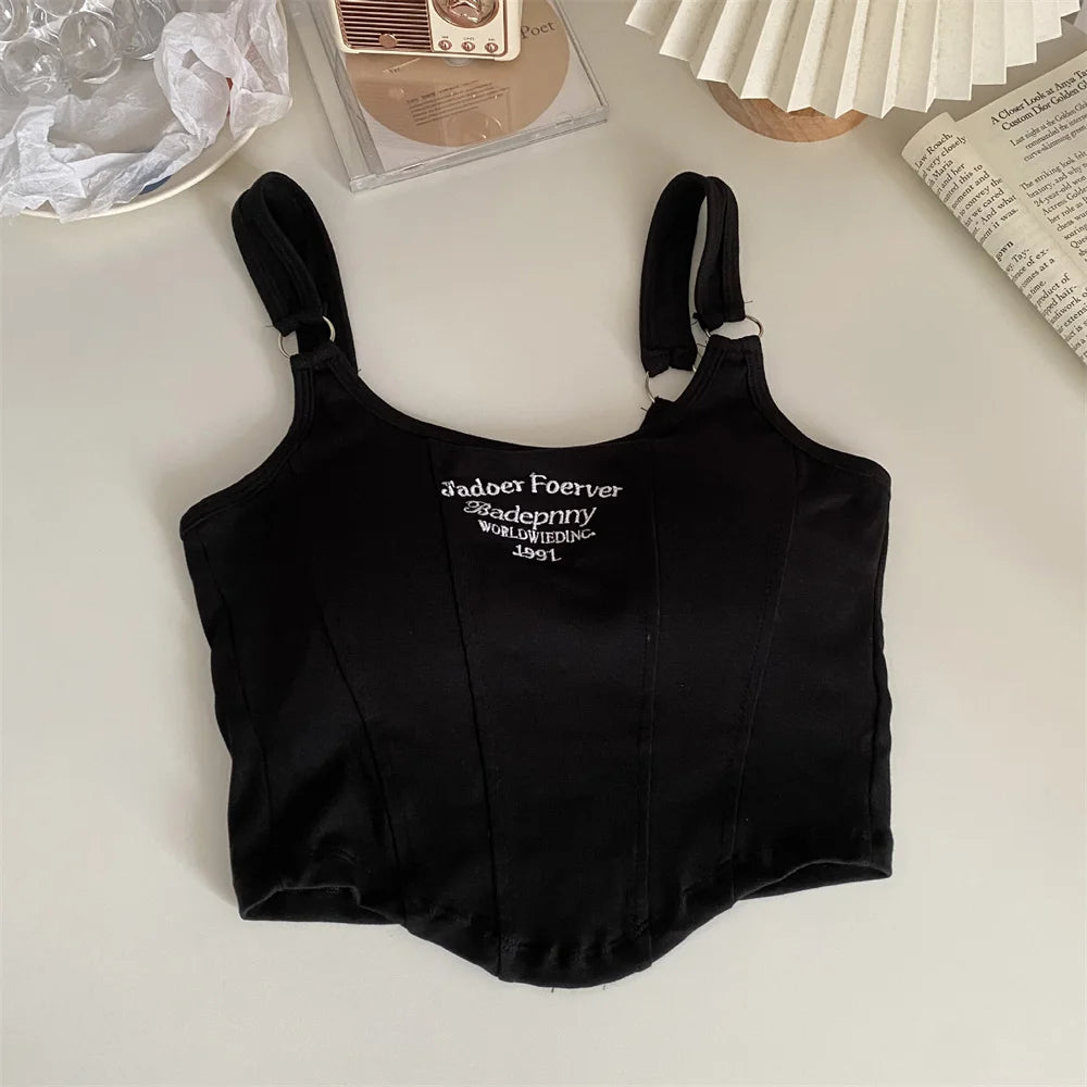 Fashion Embroid Letter Print Crop Tops Women Summer Sexy Streetwear Short Tops Suspenders Sports Tank Top Gym Solid Slim Vest