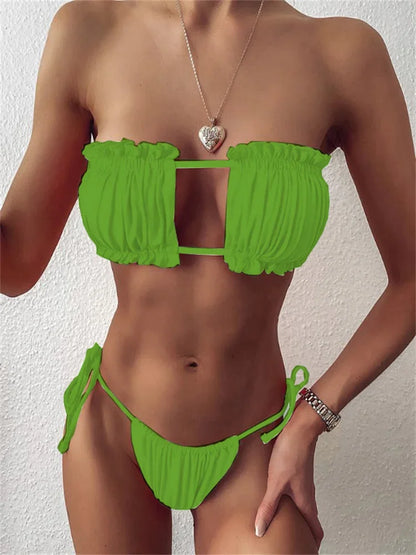 Elegant Purple Swimwear Women Sexy Off Shoulder Pleate Bikini Bandeau Hollow Out Lace-Up Push Up Bathing Suit Thong Swimsuit