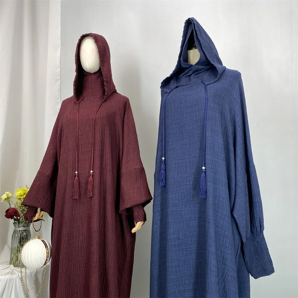 Hot Seller Ramadan Islamic Clothing Wrinkle Polyester Hoodie Abaya Dress With Undercap Muslim Women Abaya Hoodie Causal Dresses