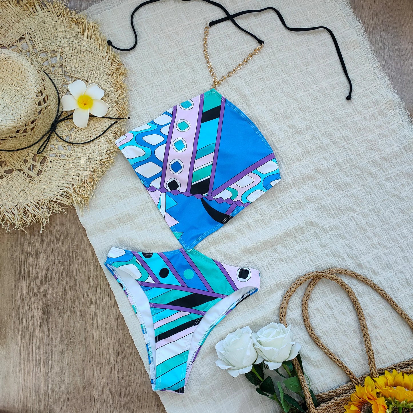 Cut Out Swimsuit Sexy Swimwear Halter Swimsuits Women Print Bathing Suits Swimwear Summer Beachwear Biquini Female