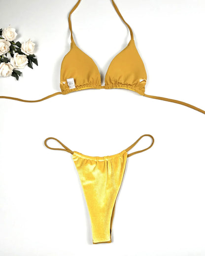 Sexy Velvet Swimsuit for Women, Micro Bikini Set, Thong Swim Suit, 2 Piece Bathing Suit for Ladies, Green String Bikini, 2022