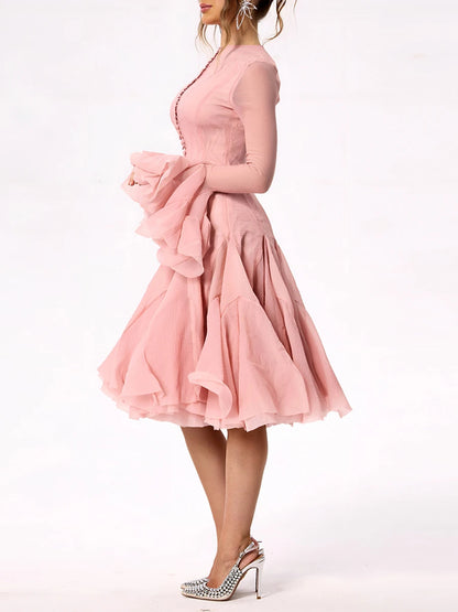 VGH Sweet Ruffles Elegant Knee Length Dresses for Women Round Neck Flare Sleeve High Waist Spliced Button  A Line Dress Female