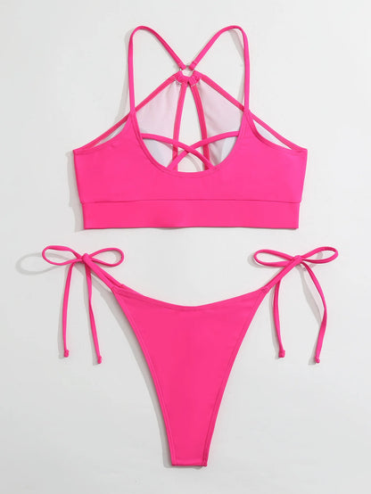 2025 Sexy Orange Bikini Hollow Out Push Up Two-Piece Swimsuit Women Halter Bandage Backless Thong Swimwear Summer Beachwear New