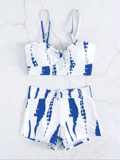 2026 Tie Dye Bikini Drawstring Swimsuit Women High Waist Shorts Swimwear Female Padded Bathing Suit Swimming Beachwear Summer