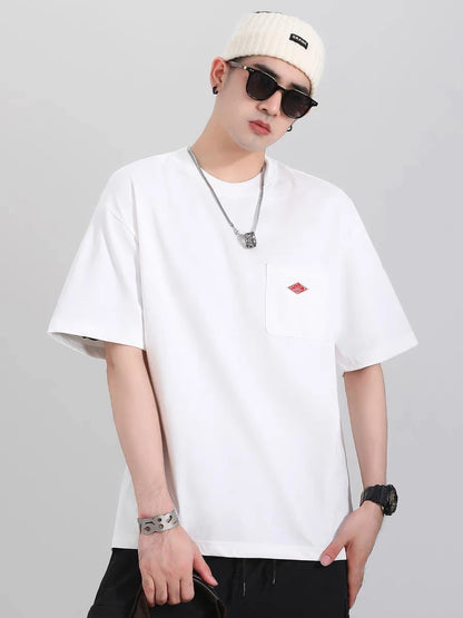 Hot sales Men Women Pure Cotton Embroidery T-Shirt Short Sleeve Tees Simple Solid Pocket Fashion Brand Exports Japan style