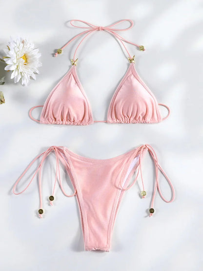 Sexy Bikinis Micro Thongs Swimsuit Women Bathing Suit Rings Biquini Bandage Beachwear Print Swimwear Sexy Bikini Sets With Chain