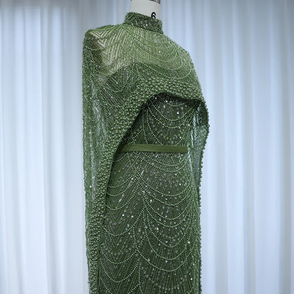 Sharon Said Luxury Pearls Dubai Champagne Evening Dresses with Cape New Arabic Women Mermaid Wedding Party Prom Dress SS369