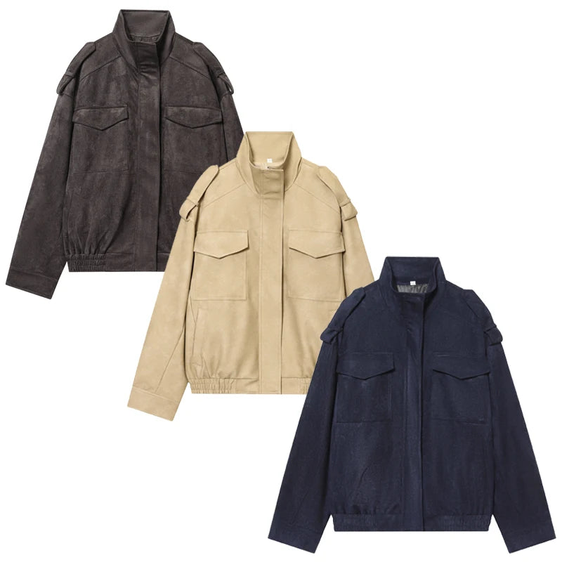 HXAO New Arrival Suede Jacket Women's Jackets Autumn Darkgrey Khaki Bomber Jacket Chic Zip Up Long Sleeve Coat Fashion Outerwear