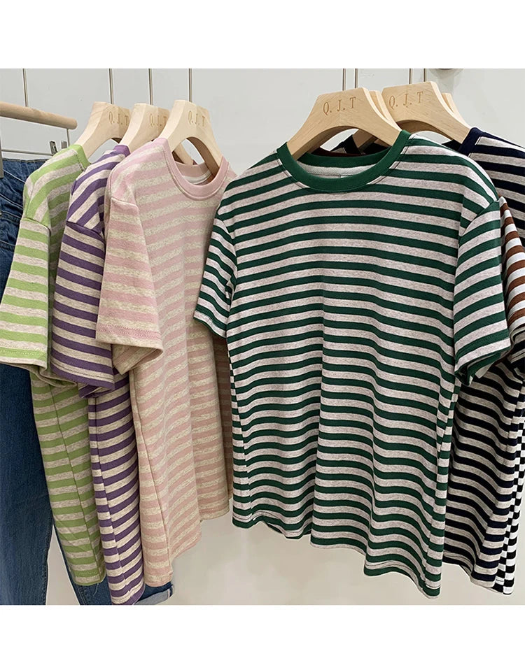 Summer Short Sleeve Striped T-Shirts Versatile Women Knitted Basic Casual Tops Female Cozy Loose Cotton Tees 2023 Harajuku Shirt