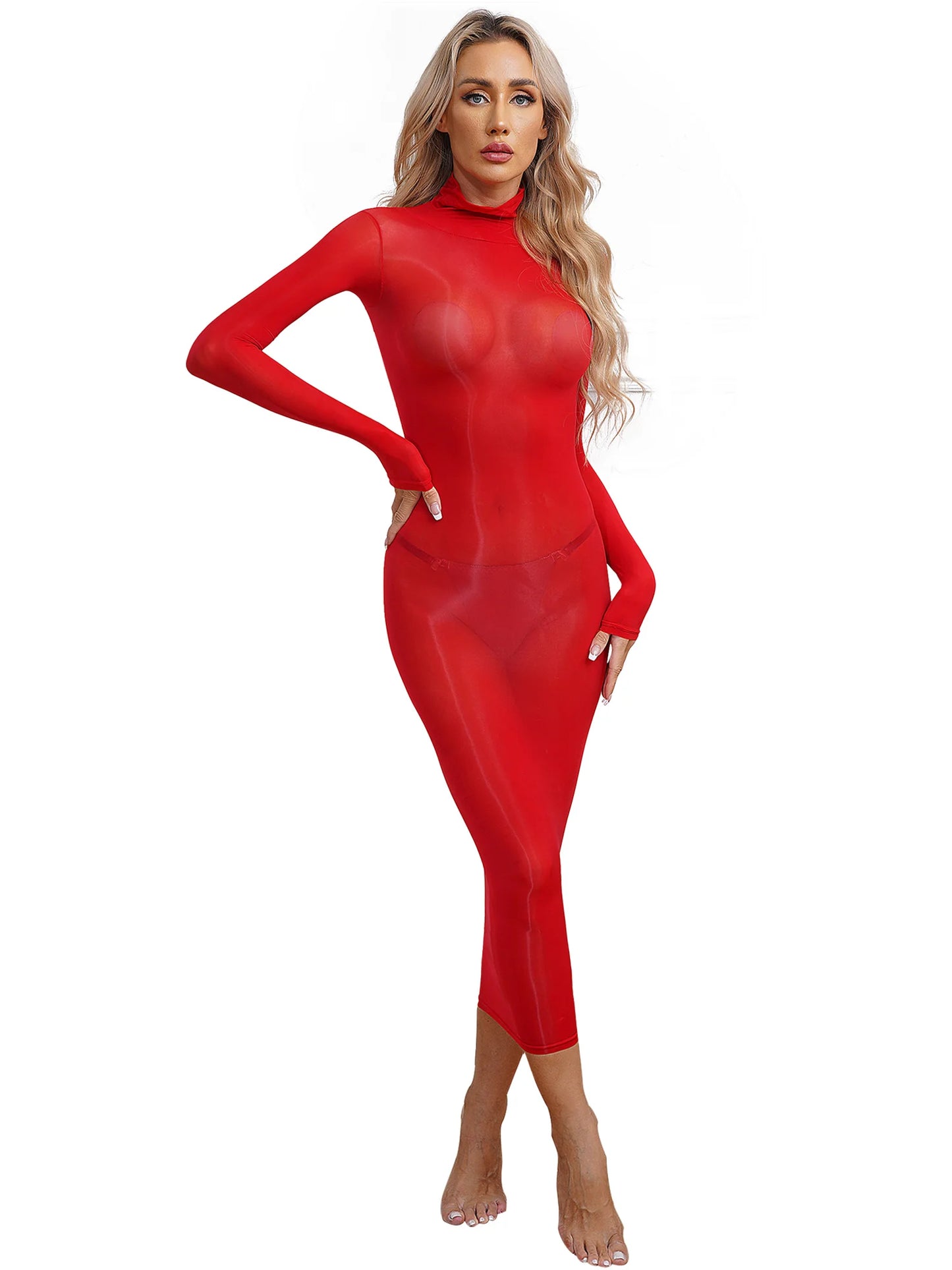 Womens See Though Bodycon Dress Sexy Lingerie Nightwear Long Sleeve Stretchy Glossy Dresses Tempting Party Pole Dancing Clubwear