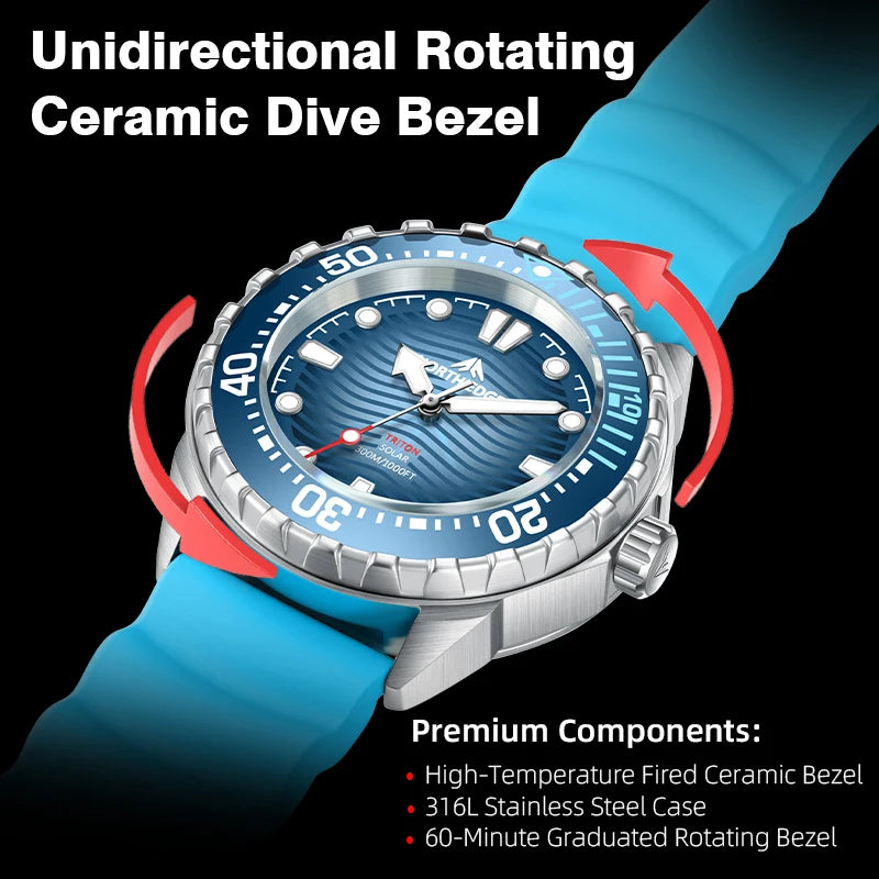NORTH EDGE 2025 New TRITON Solar Powered Dive Watch Men Luxury Quartz Watches For Men 316L Stainless Steel Case Waterproof 300M