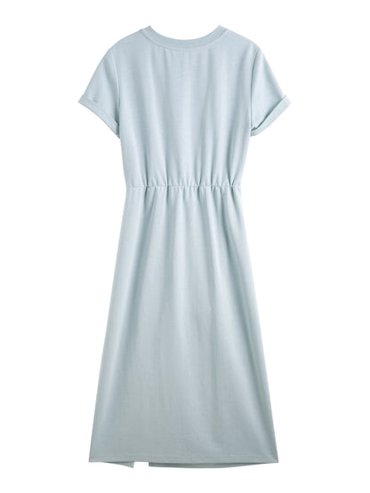 ZIQIAO Women Solid Long Dress 2025 Summer New Casual Round Neck T-Shirt Dresses Grey Short Sleeve X-LINE Dress 25ZQ92026