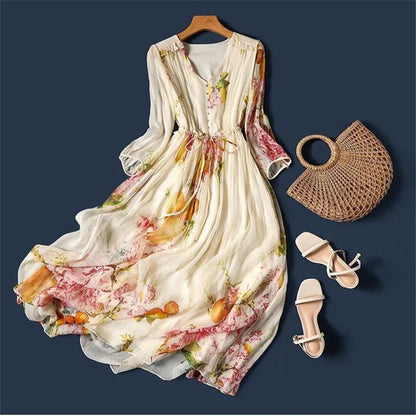 Limiguyue Summer Floral Print Silk Dresses Double Layers Ruffle Beaded Button A-Line Dress Elegant Chiffon Long Vestidos Z044